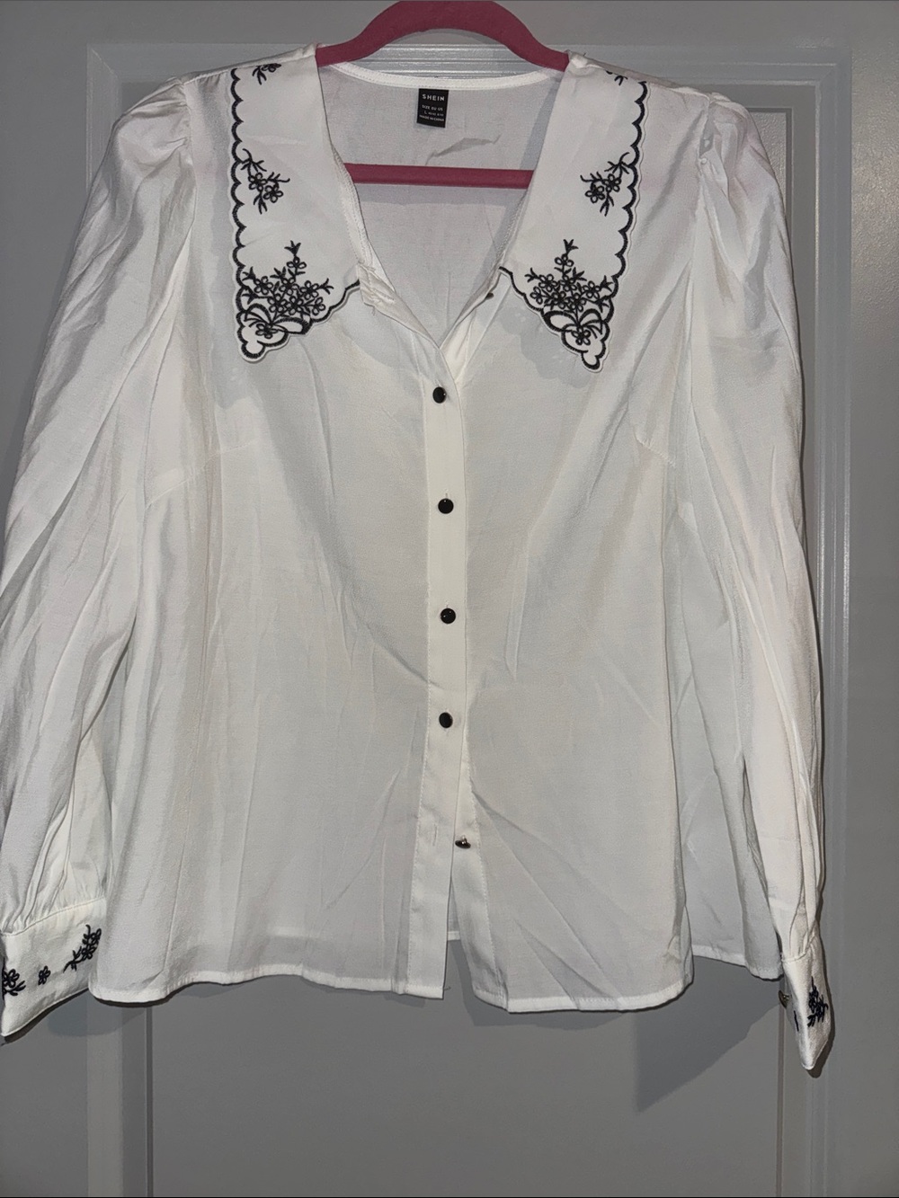 SHEIN White Button-Down Blouse with Black Embroidered Scalloped Collar